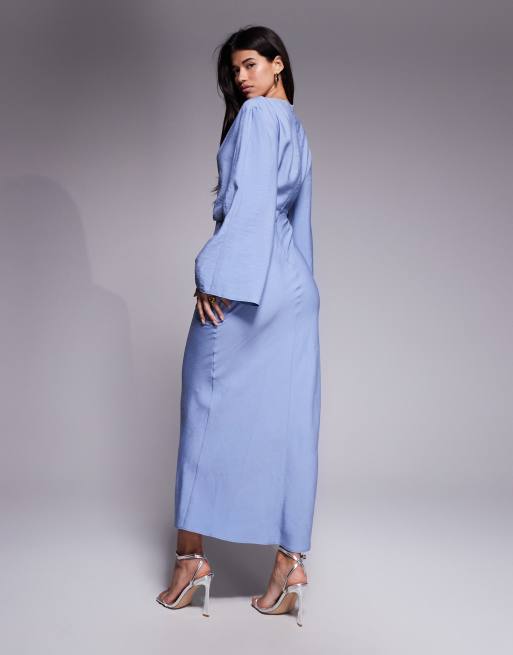 ASOS DESIGN long sleeve tucked waist bias maxi dress in blue