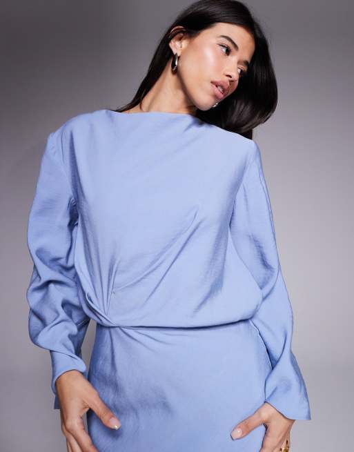 ASOS DESIGN long sleeve tucked waist bias maxi dress in blue