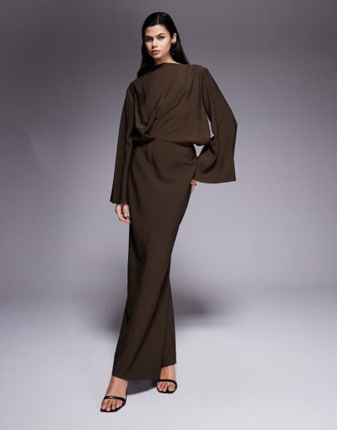ASOS DESIGN long sleeve tucked waist bias maxi dress in chocolate