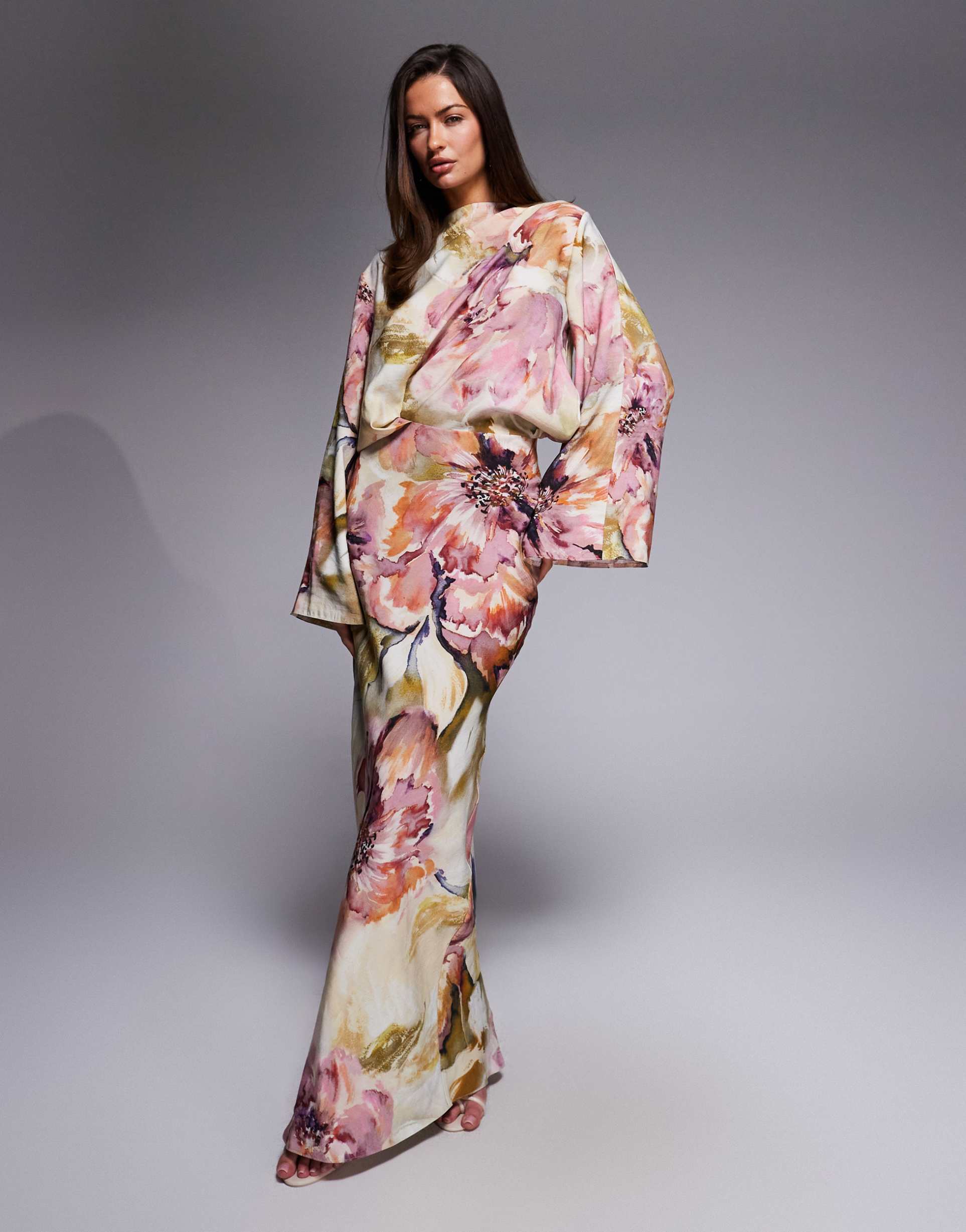 asos design long sleeve tucked waist bias maxi dress in floral print