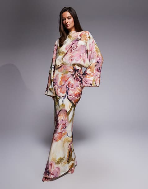 ASOS DESIGN long sleeve tucked waist bias maxi dress in floral print