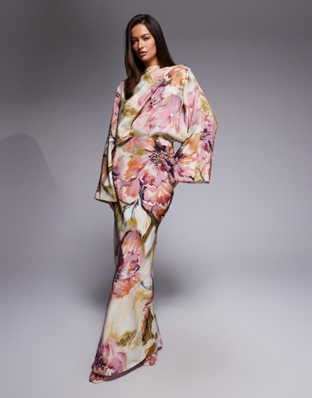 ASOS DESIGN long sleeve tucked waist bias maxi dress in floral print