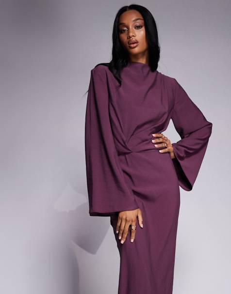 ASOS DESIGN long sleeve tucked waist bias maxi dress in plum - view 1