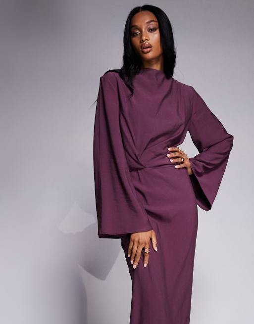 ASOS DESIGN long sleeve tucked waist bias maxi dress in plum