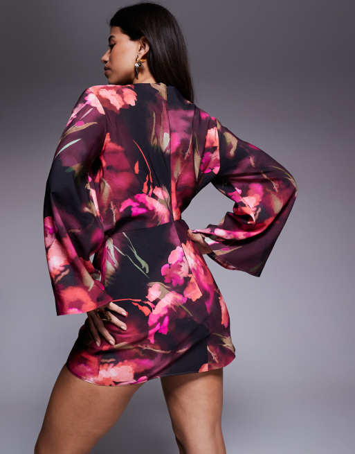 ASOS DESIGN long sleeve tucked waist bias mini dress in dark blurred floral print