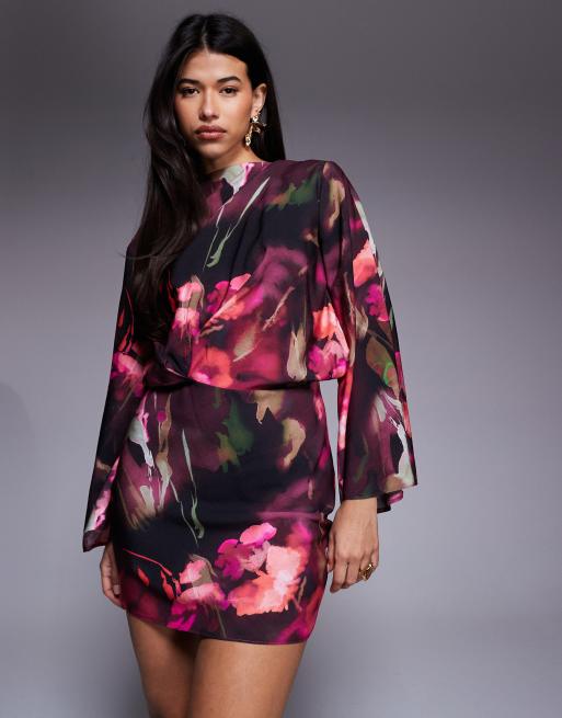 ASOS DESIGN long sleeve tucked waist bias mini dress in dark blurred floral print