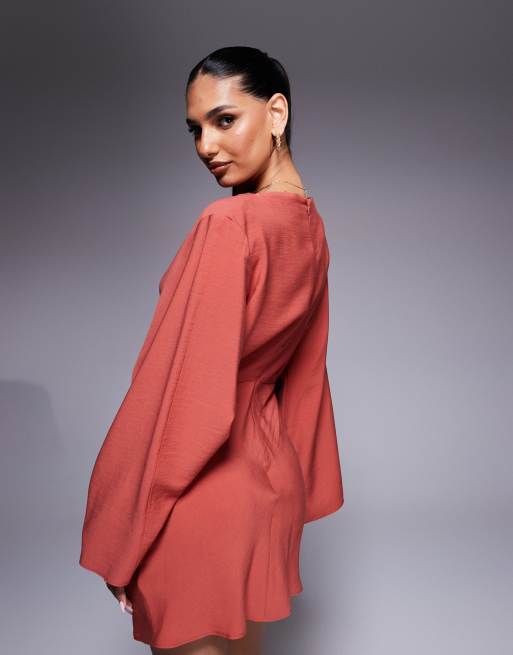 ASOS DESIGN long sleeve tucked waist bias mini dress in rust, 2 of 4