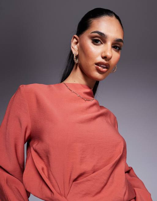 ASOS DESIGN long sleeve tucked waist bias mini dress in rust, 3 of 4