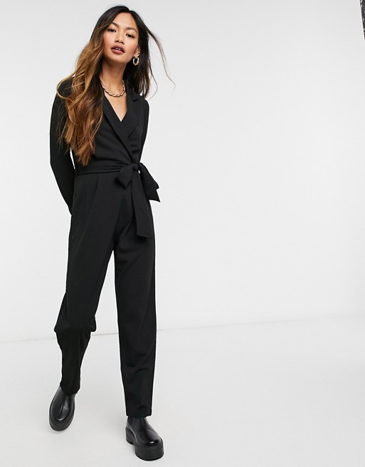 ASOS DESIGN long sleeve tux crepe jumpsuit in black