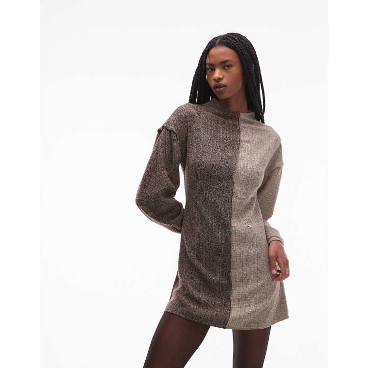 ASOS Design long sleeve tweed mini dress in contrast brown color-Gray