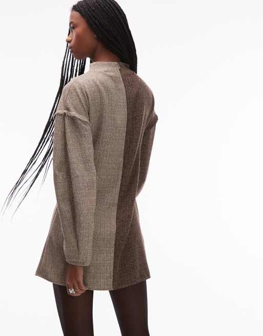 ASOS DESIGN long sleeve tweed mini dress in contrast brown colour, 2 of 4