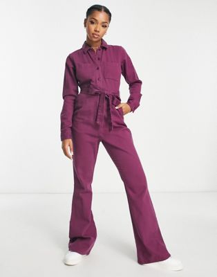 ASOS DESIGN long sleeve twill boilersuit with collar in burgundy