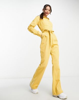 ASOS DESIGN long sleeve twill boilersuit with collar in chartreuse - ASOS Price Checker
