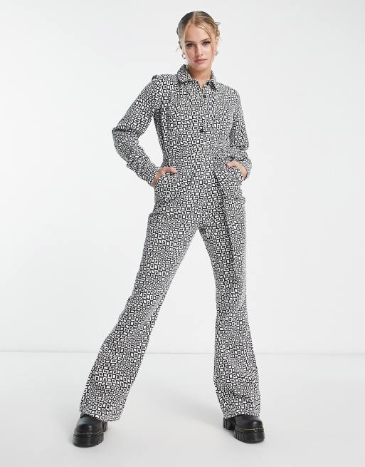 ASOS DESIGN long sleeve twill boilersuit with collar in geo print