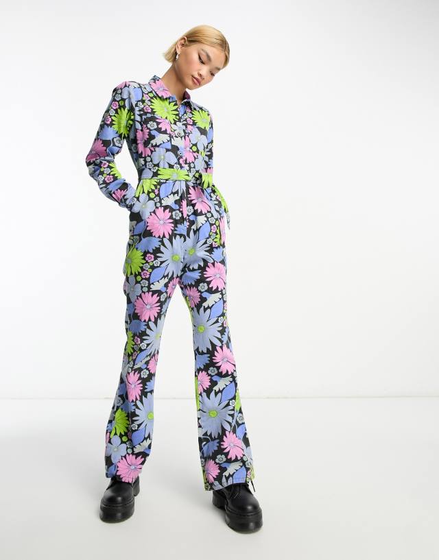 ASOS DESIGN long sleeve twill boilersuit with collar in retro floral