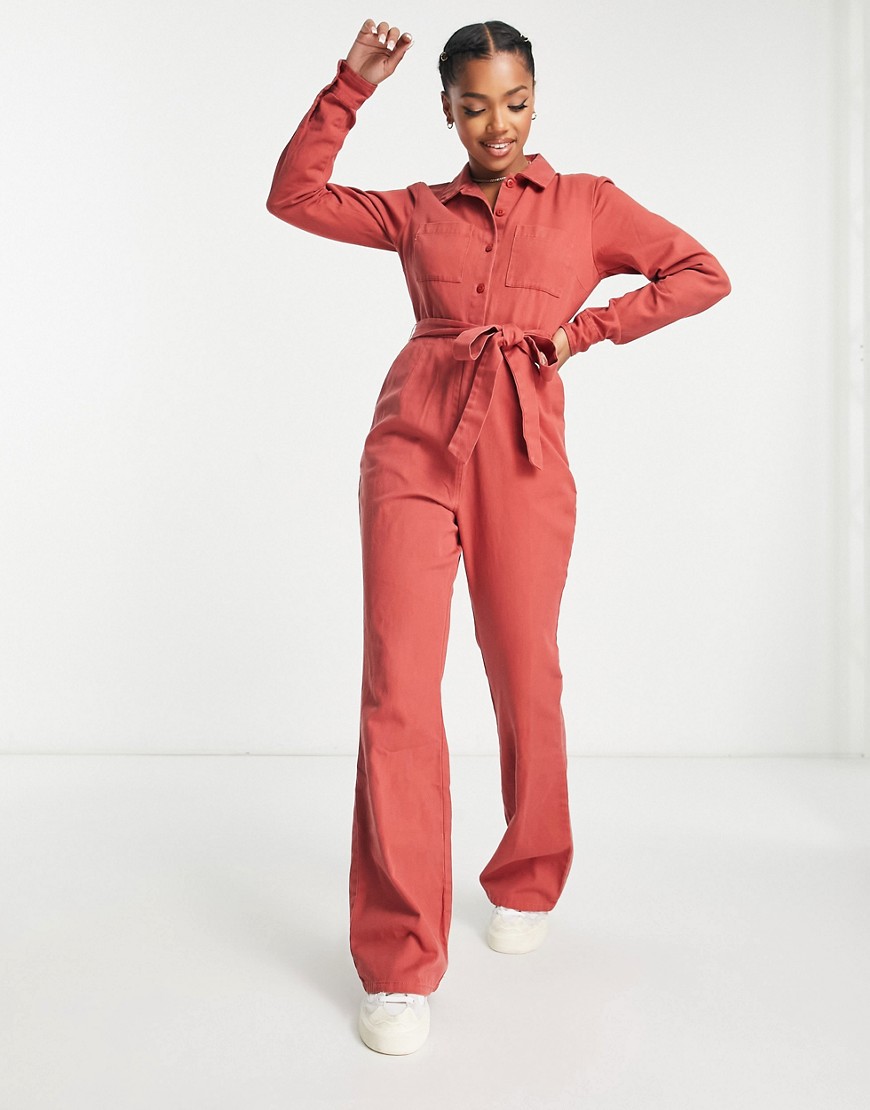 Asos Design Long Sleeve Twill Boilersuit With Collar In Rust-red