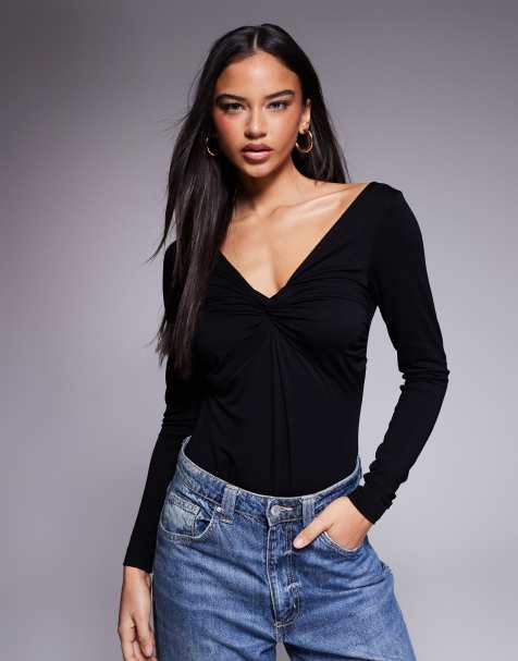 ASOS DESIGN long sleeve twist front bodysuit in black - view 1