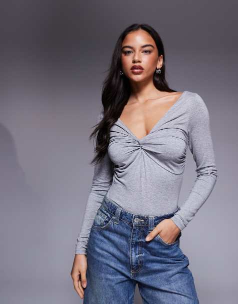 ASOS DESIGN long sleeve twist front bodysuit in grey marl - view 1