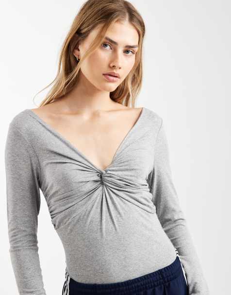 ASOS DESIGN long sleeve twist front bodysuit in grey marl
