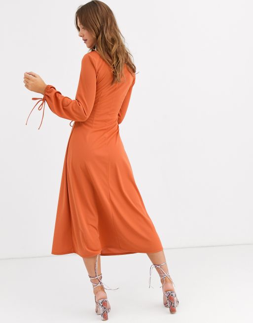 ASOS DESIGN twist front midi dress with angel sleeve in terracotta