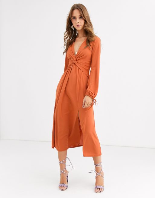 ASOS DESIGN twist front midi dress with angel sleeve in terracotta