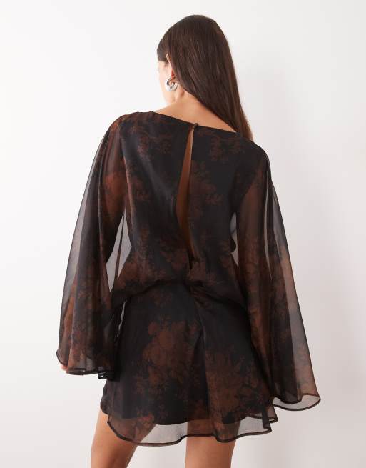 ASOS DESIGN long sleeve twist front mini dress with open back in shadow floral print, 4 of 4