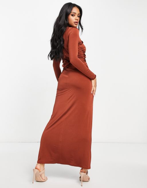 ASOS DESIGN long sleeve twist halter front maxi dress in rust