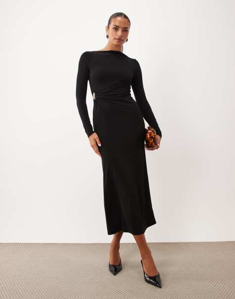 ASOS DESIGN long sleeve twist hardware detail midi dress in black - view 1