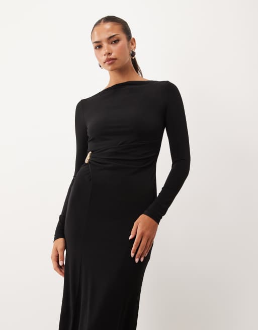 ASOS DESIGN long sleeve twist hardware detail midi dress in black, 2 of 4