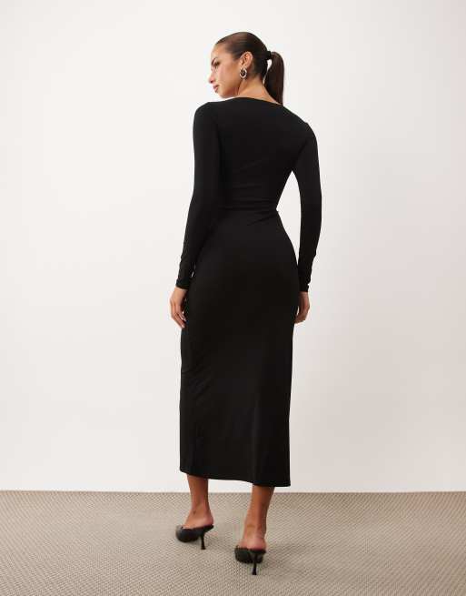 ASOS DESIGN long sleeve twist hardware detail midi dress in black, 4 of 4