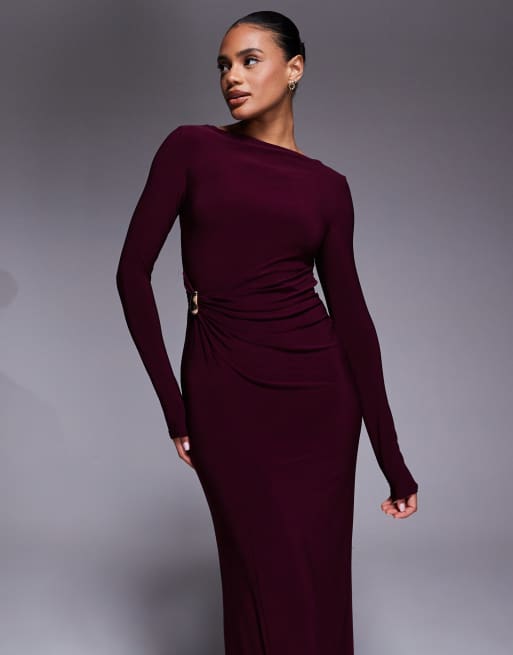 ASOS DESIGN long sleeve twist hardware detail midi dress in burgundy