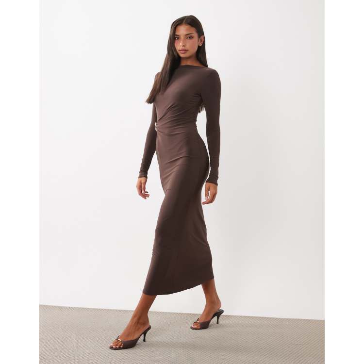 asos bodycon dress DESIGN long sleeve twist hardware detail midi in choclate Long sleeve Size:AU 8 x-sibling-handle:violette-bubble-hem-maxi-dress-deep-magenta Perfect Dress Bootie 60 making it perfect for