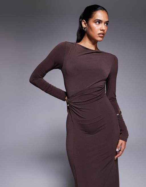 ASOS DESIGN long sleeve twist hardware detail midi dress in chocolate