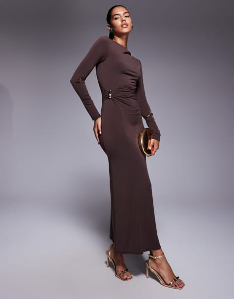 ASOS DESIGN long sleeve twist hardwear detail midi dress in chocolate