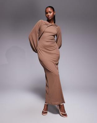ASOS DESIGN long sleeve twist neck detail midi dress in brown-No colour