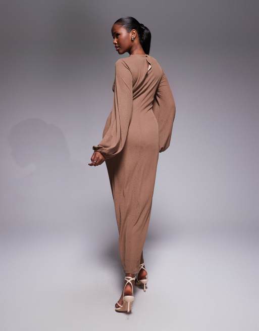 ASOS DESIGN long sleeve twist neck detail midi dress in brown