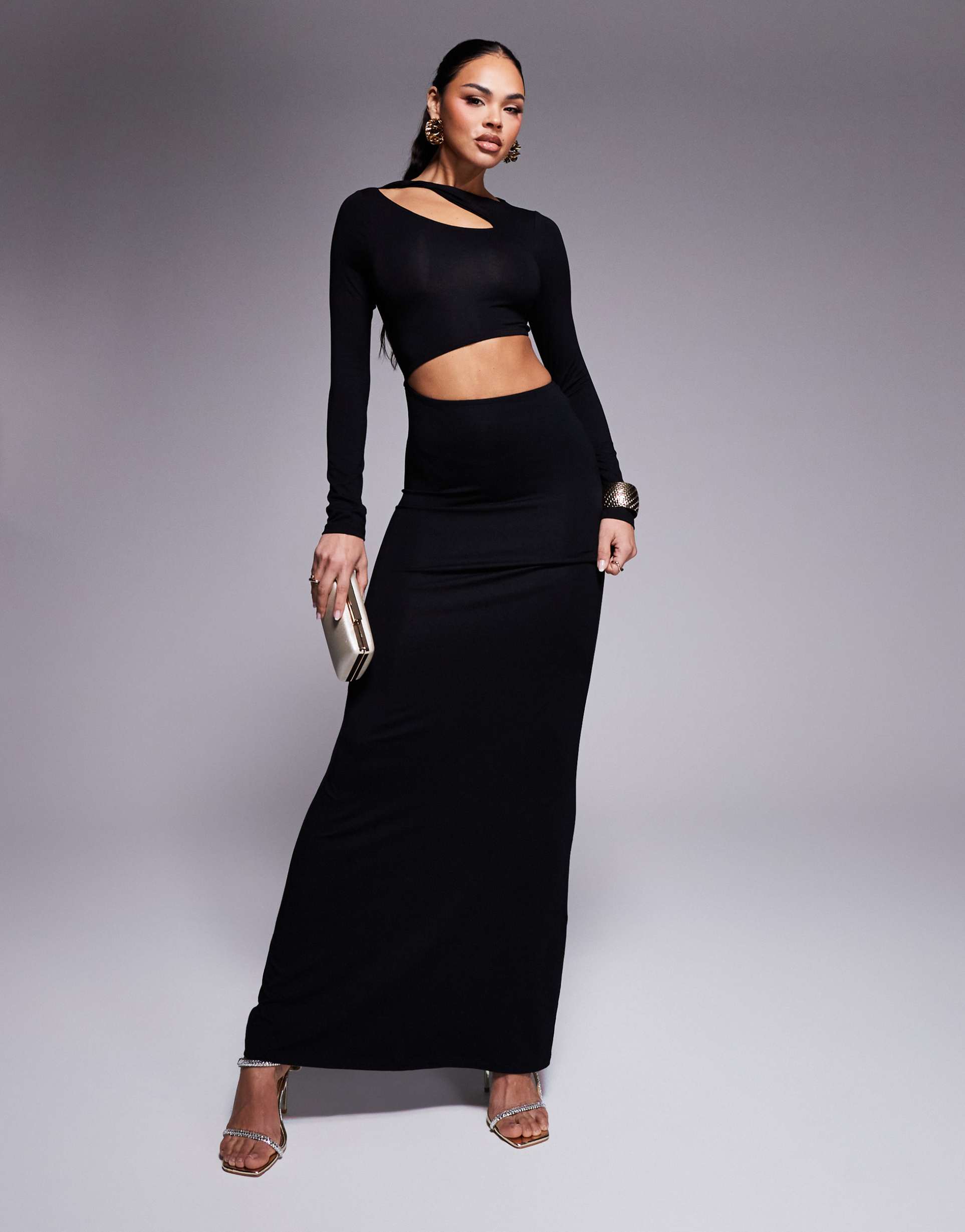 asos design long sleeve twist shoulder cut out waist maxi dress in black