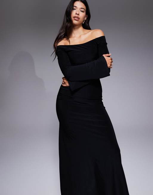 ASOS DESIGN long sleeve twist shoulder maxi dress with lace up back in black, 2 of 4
