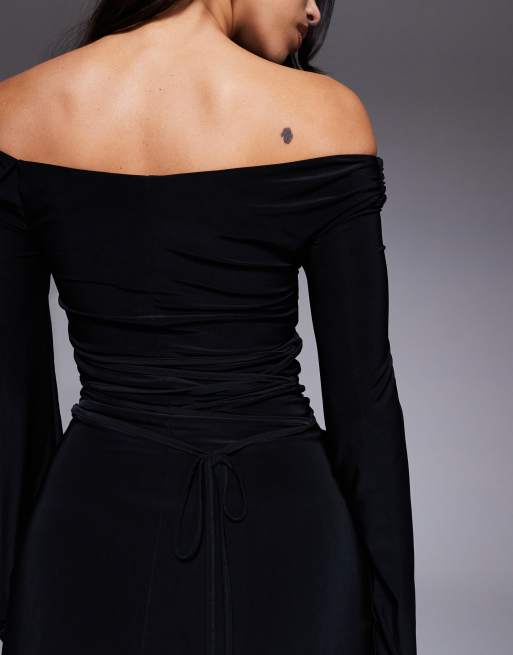 ASOS DESIGN long sleeve twist shoulder maxi dress with lace up back in black, 3 of 4