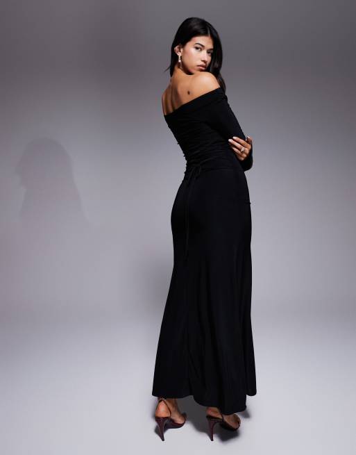 ASOS DESIGN long sleeve twist shoulder with lace up back maxi dress in black