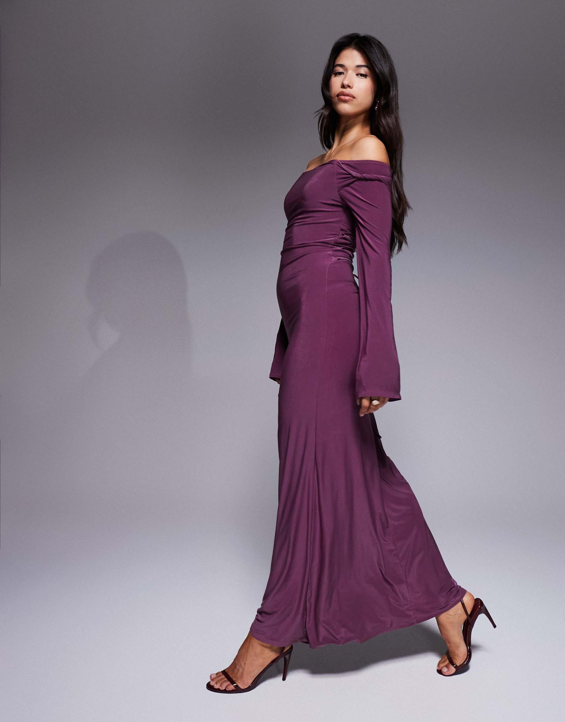 asos design long sleeve twist shoulder with lace up back maxi dress in mulberry