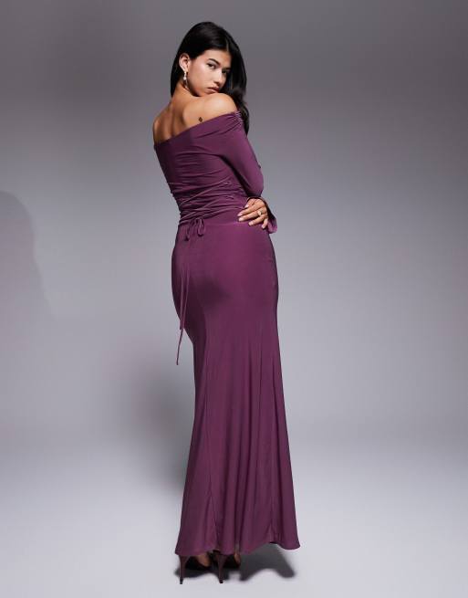 ASOS DESIGN long sleeve twist shoulder with lace up back maxi dress in mulberry, 3 of 4