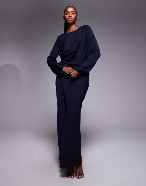 ASOS DESIGN long sleeve twist waist detail maxi dress with open back in navy - view 1