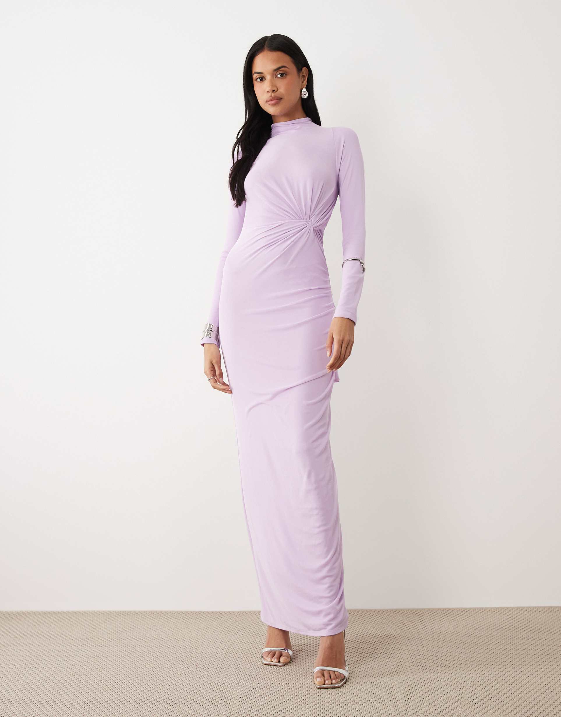 asos design long sleeve twisted bust detail mesh maxi dress in lilac