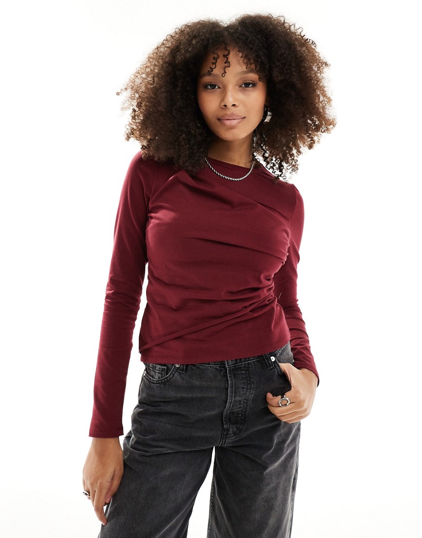 ASOS DESIGN long sleeve twisted top in burgundy-Red
