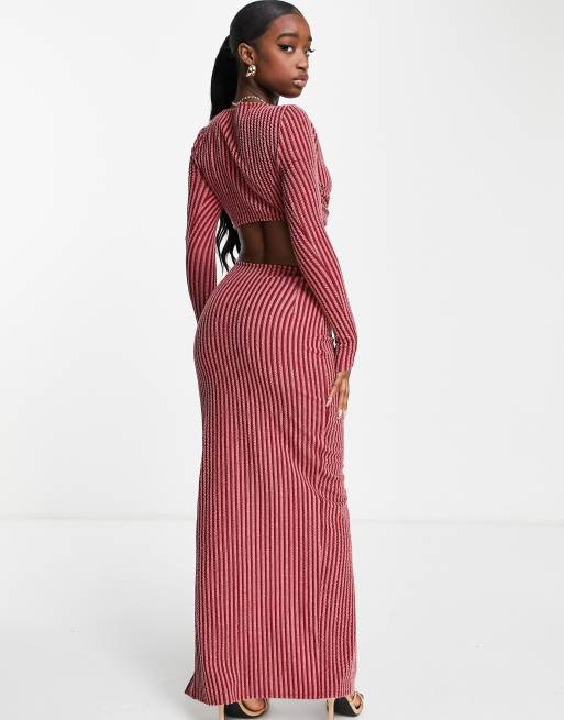 ASOS DESIGN long sleeve two tone rib ring detail maxi dress in red | ASOS