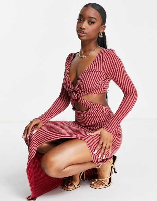 Asos Design Long Sleeve Two Tone Rib Ring Detail Maxi Dress In Red Asos