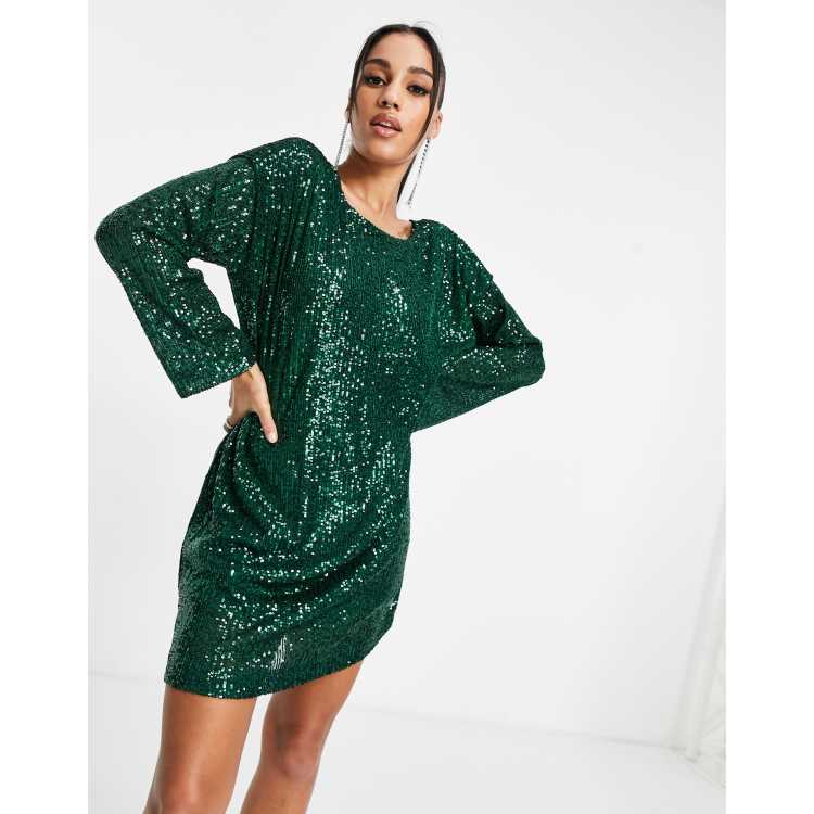 ASOS DESIGN long sleeve v back sequin mini dress in forest green ASOS