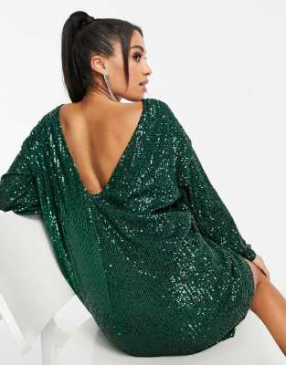 ASOS DESIGN long sleeve v back sequin mini dress in forest green | ASOS