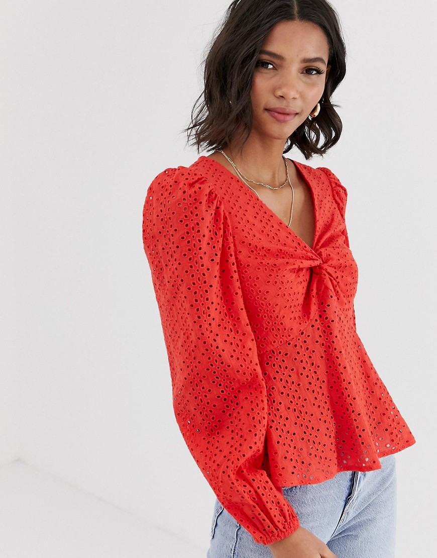 ASOS DESIGN long sleeve v neck broderie top with twist front detail-Red
